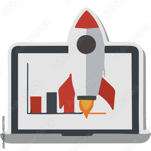 Digital Growth Concept Laptop Screen Displaying Rocket Launching Over Bar Chart with Red and White Tones on White Background Flat Design Style