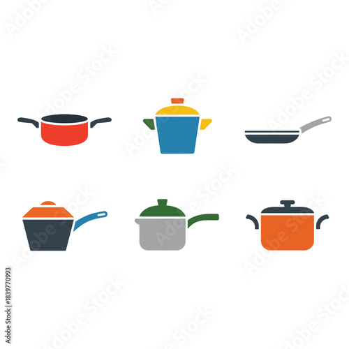 Collection of colorful cooking pots and pans in flat design style