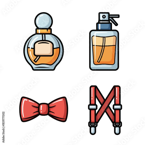 A collection of four distinct icons representing men's accessories and personal care items.