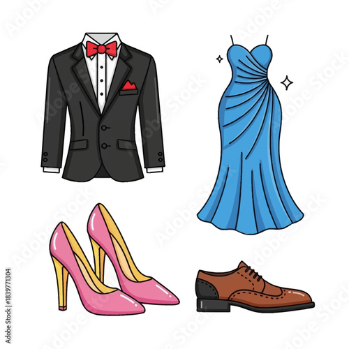 A collection of formal wear for men and women, including a tuxedo, a blue evening gown, high heels, and dress shoes.