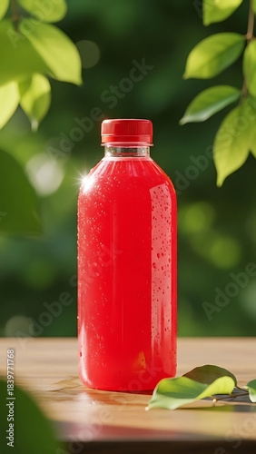Fresh strawberry juice on a wooden table with blurred green leaves background, refreshing vertical drink image for healthy lifestyle and food themes