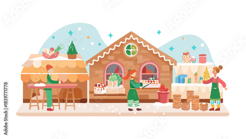 Inside a cozy Christmas bakery, elves baking giant gingerbread houses, icing fountains, candy roofs, warm sugar smell filling the room
