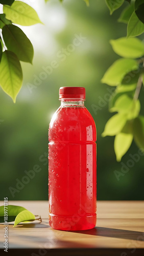 Fresh strawberry juice on a wooden table with blurred green leaves background, refreshing vertical drink image for healthy lifestyle and food themes