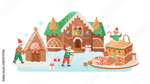 Inside a cozy Christmas bakery, elves baking giant gingerbread houses, icing fountains, candy roofs, warm sugar smell filling the room