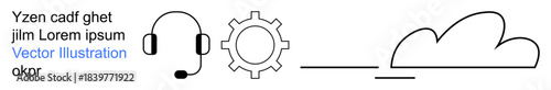 Cloud computing, tech support, remote communication, data synchronization, digital connectivity, IT services. Minimalistic icons including a cloud, gear and headset. Cloud computing and tech support