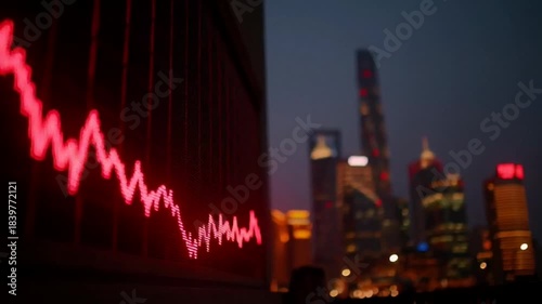 City skyline at dusk with red stock market graph, financial decline concept against urban backdrop, economic downturn during evening hours