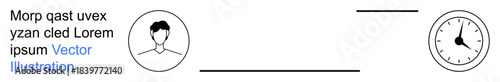 Time management, personal identity, productivity, scheduling, punctuality, organization. A minimalist person icon connected to a clock. s time management and personal identity concepts