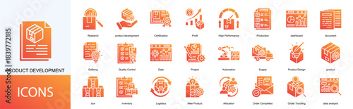 product development icon collection set. Containing Certification, Profit, High Performance, Production, dashboard, document icon