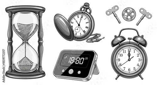 Collection of various time-measuring devices including hourglass, pocket watch, digital timer, and alarm clock in monochrome style.