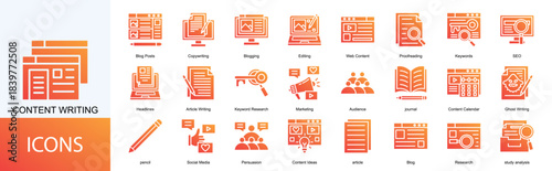 content writing icon collection set. Containing  Copywriting, Blogging, Editing, Web Content, Proofreading, Keywords, SEO icon
