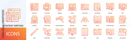 content writing icon collection set. Containing  Copywriting, Blogging, Editing, Web Content, Proofreading, Keywords, SEO icon