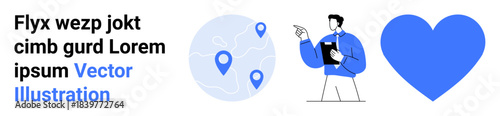 Navigation, professional services, geolocation tools, map-based tracking, user interface design, technology icons. Map with pins, a male character with a clipboard and a heart. Navigation