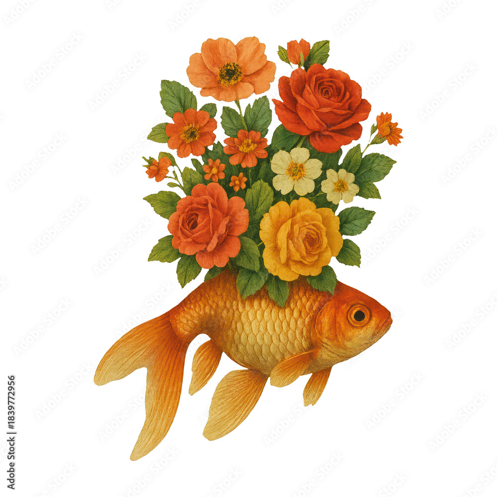 Fototapeta premium PNG Fish adorned with vibrant flowers.