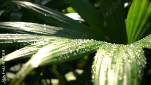 Close up of green leaves with water droplets in bright sunlight