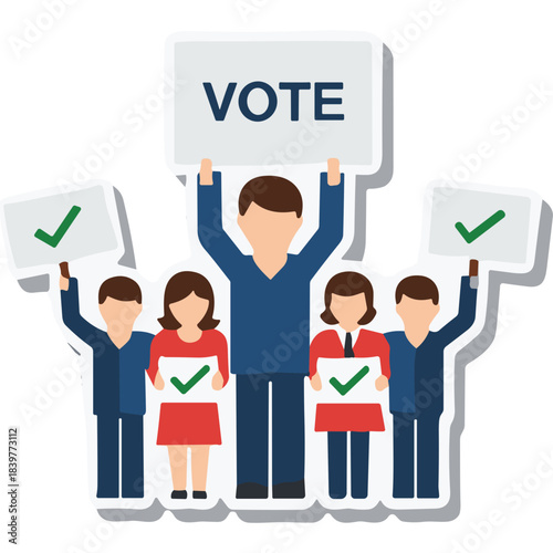 Diverse Group of People Holding Signs and Showing Checkmarks in Support of Voting and Civic Engagement Illustration