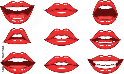 Glossy red lips with various expressions, cartoon mouth shapes, emotional gestures, speaking, smiling, open and closed mouth vector set