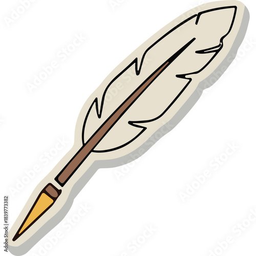 Drawing of a Quill Pen with a Light Brown Feather and Yellow Tip on a Light Beige Background with a Subtle Shadow Effect for Writing and Education Concepts