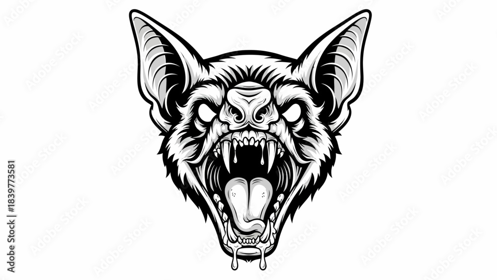 Obraz premium Fierce Vector Illustration of a Screaming Vampire Bat Head with Fangs and Glowing Eyes
