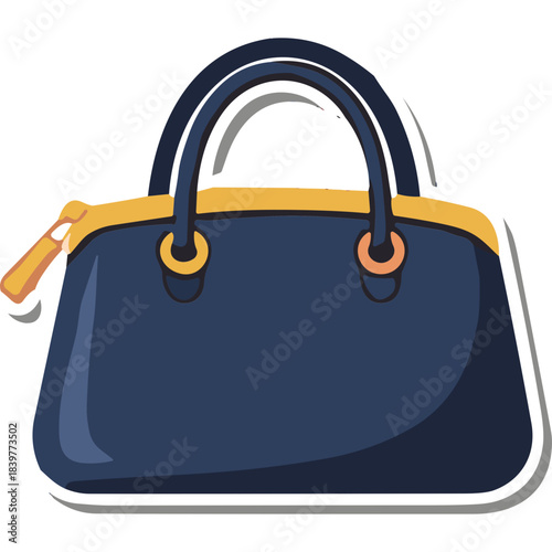 Elegant Navy Blue Handbag with Golden Accents and Zipper Detail on a White Background Detailed Vector Illustration