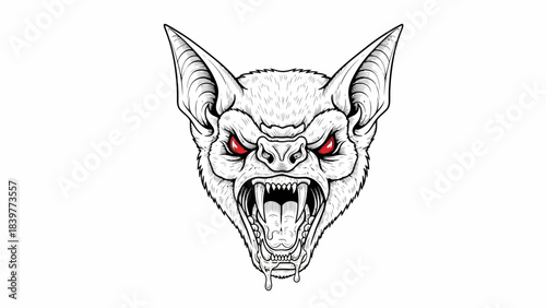 Fierce Bat Head Illustration with Glowing Red Eyes Aggressive Animal Mascot Design