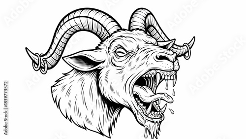 Fierce Black and White Vector Illustration of a Monstrous Angry Baphomet Goat Head with Horns