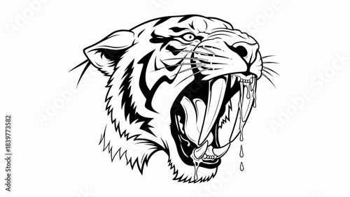 Fierce Saber Toothed Tiger Head Cartoon Mascot Logo Design Black and White Outline