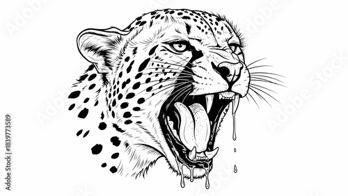 Fierce Cheetah Head Roaring Black and White Vector Illustration