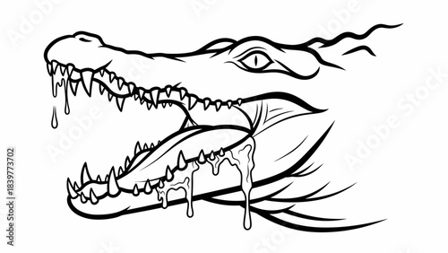 Fierce Alligator Head Outline Drawing with Open Mouth and Drooling Teeth Vector Mascot Icon