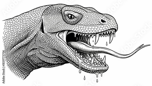 Monstrous Komodo Dragon Head Close Up Etching Style Illustration