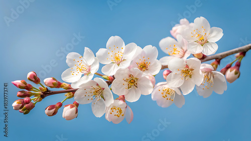 Delicate white and pink blossoms on a branch against a vibrant clear blue spring sky