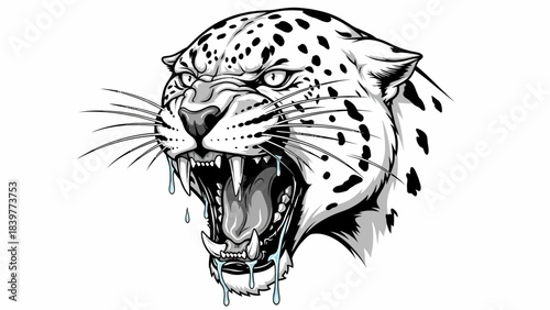 Fierce Leopard Head Roaring Aggressively Black and White Mascot Tattoo Design