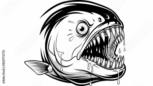 Aggressive Black and White Anglerfish Head Illustration with Sharp Teeth