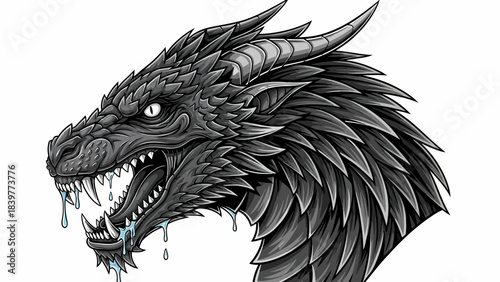 Intricate Black Dragon Head Illustration with Fierce Expression