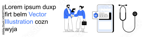 Telemedicine, medical services, online security, doctor-patient interaction, mobile health apps, remote consultation. Professionals discuss phone shows data stethoscope nearby. Telemedicine
