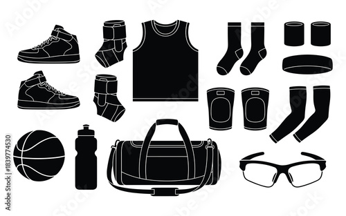 Detailed Black Silhouette: Sporting Equipment and Gear for Basketball