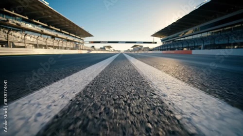 Dynamic low-angle view of an empty asphalt race track with grandstands under a bright sky
