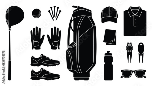 Flat Lay Black Golf Gear Assortment: Club, Bag, Shoes and Accessories Set