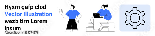 Two individuals discuss solutions while one uses a laptop gear icon highlights optimization. Ideal for teamwork, technology, brainstorming, planning, automation, education, simple landing page