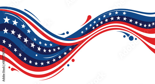 Abstract patriotic background design with dynamic red and blue waves, stripes, and stars inspired by the American flag theme.