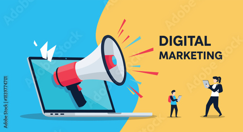 Digital marketing concept with a large megaphone emerging from a laptop screen, with small people representing the target audience.