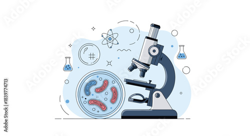 Science and laboratory research concept with a microscope, petri dish with bacteria, and other scientific glassware and icons.