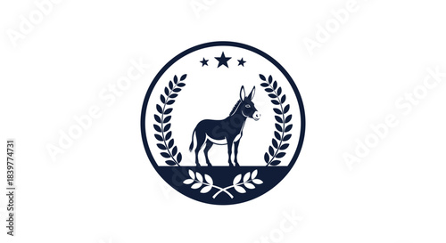 US Democratic party political symbol featuring a donkey inside a circular frame with stars and a laurel wreath on a white background.