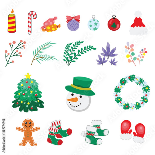 Set of christmas decoration new year tree flat cartoon