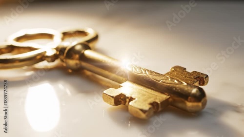Golden vintage key on shiny reflective metal and marble with soft sunlight and light creating warm close up atmosphere symbolizing mystery elegance access and opportunity