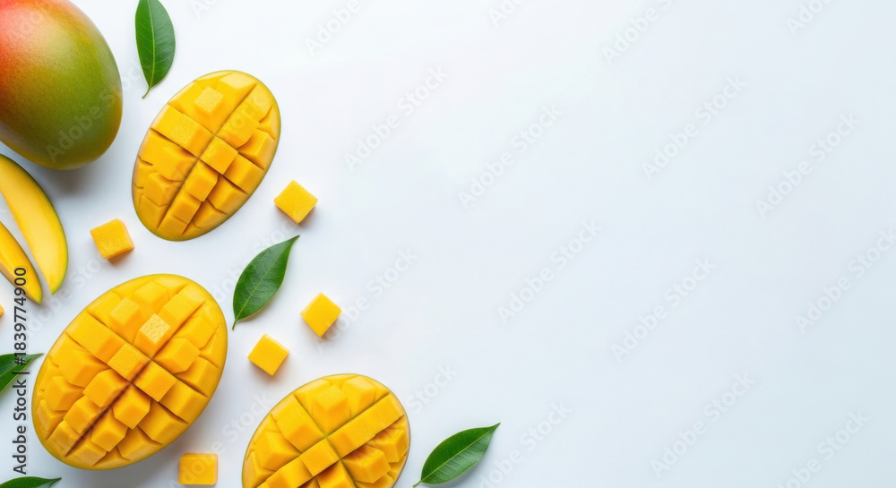 Fototapeta premium A vibrant mango fruit arrangement with green leaves on a white background.