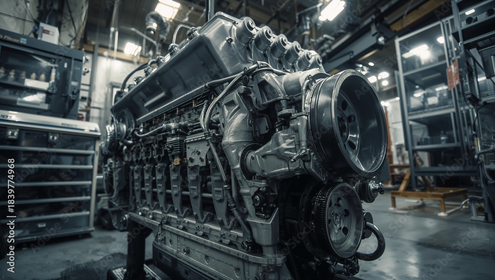 Fototapeta premium Large industrial engine in a workshop setting, showcasing mechanical engineering