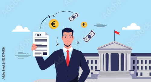 Businessman holding a tax form with money and a government building in the background, illustrating the concept of paying taxes.