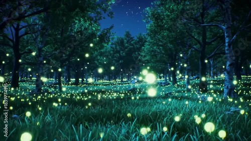 Enchanted forest scene with glowing lights among trees at night