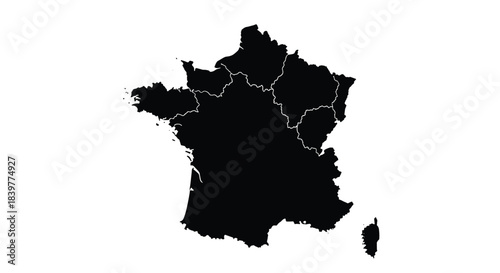 Black silhouette map of France with the borders of its administrative regions, isolated on a plain white background for design use.