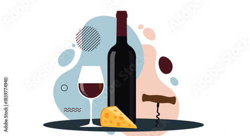 Modern flat illustration of a bottle of red wine, a full glass, a wedge of cheese, and a corkscrew on an abstract background.